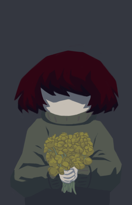 chara dreemurr from undertale illustrated in a lineless angular style, the colors are dark and moody.  their face has no features while they're looking down, a shadow cast over their eyes.  they're holding several buttercup flowers in a bouquet in front of them.